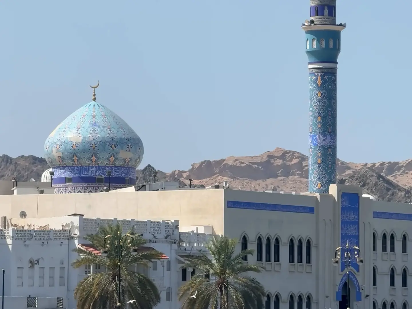 Film of a blue-domed mosque on the Muscat waterfront, the chandelier of the Sultan Qaboos Grand Mosque, a traditional souq, the rocky Muscat coast and a palace lit up at night
