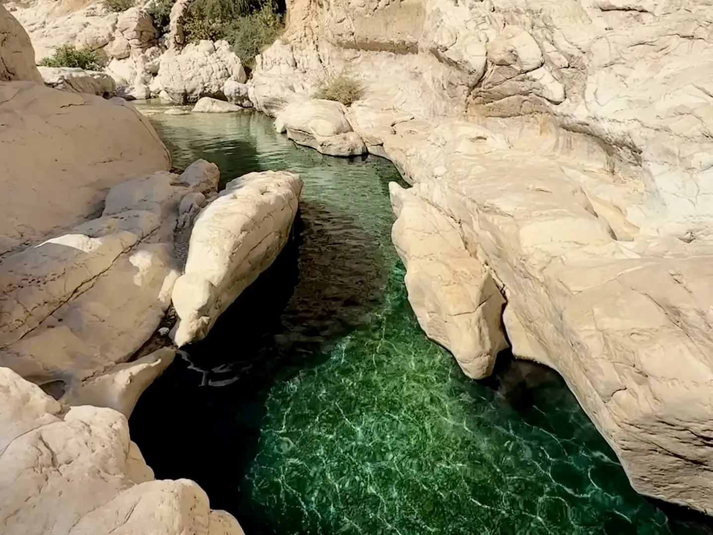 Film of emerald pools between pale boulders in an Omani wadi, towering canyon walls, and a trail beside pools and reeds