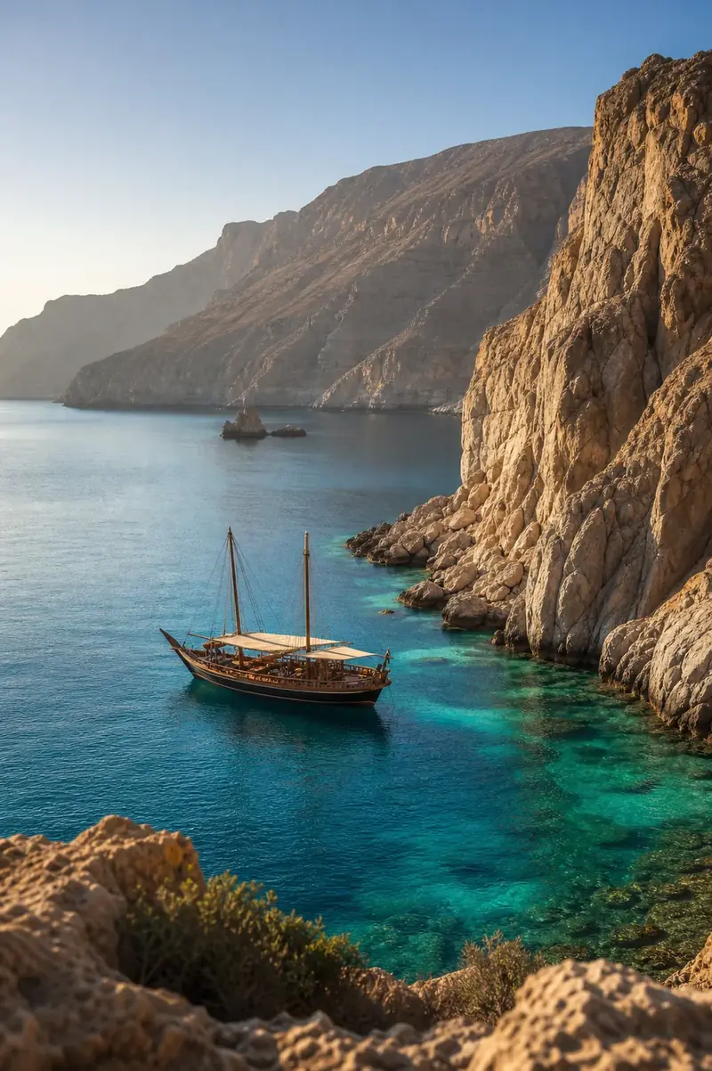 A traditional dhow on the turquoise coast of Oman