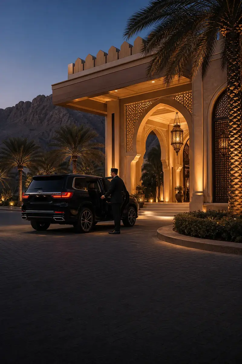 A Routxplore chauffeur opening the car door for a guest at a hotel in Oman