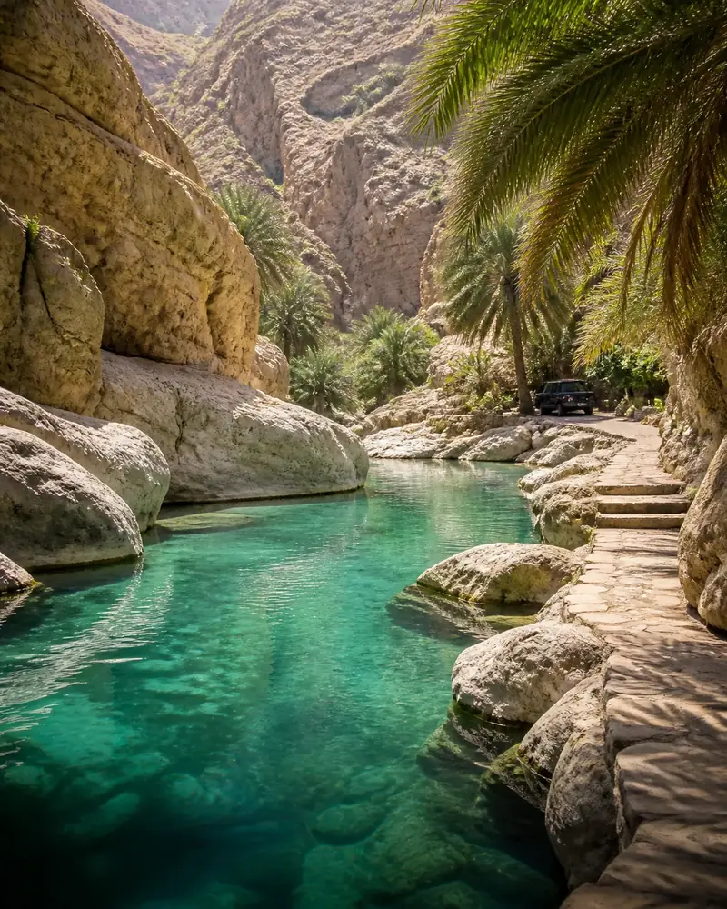 Turquoise water and palm trees at Wadi Shab, Oman